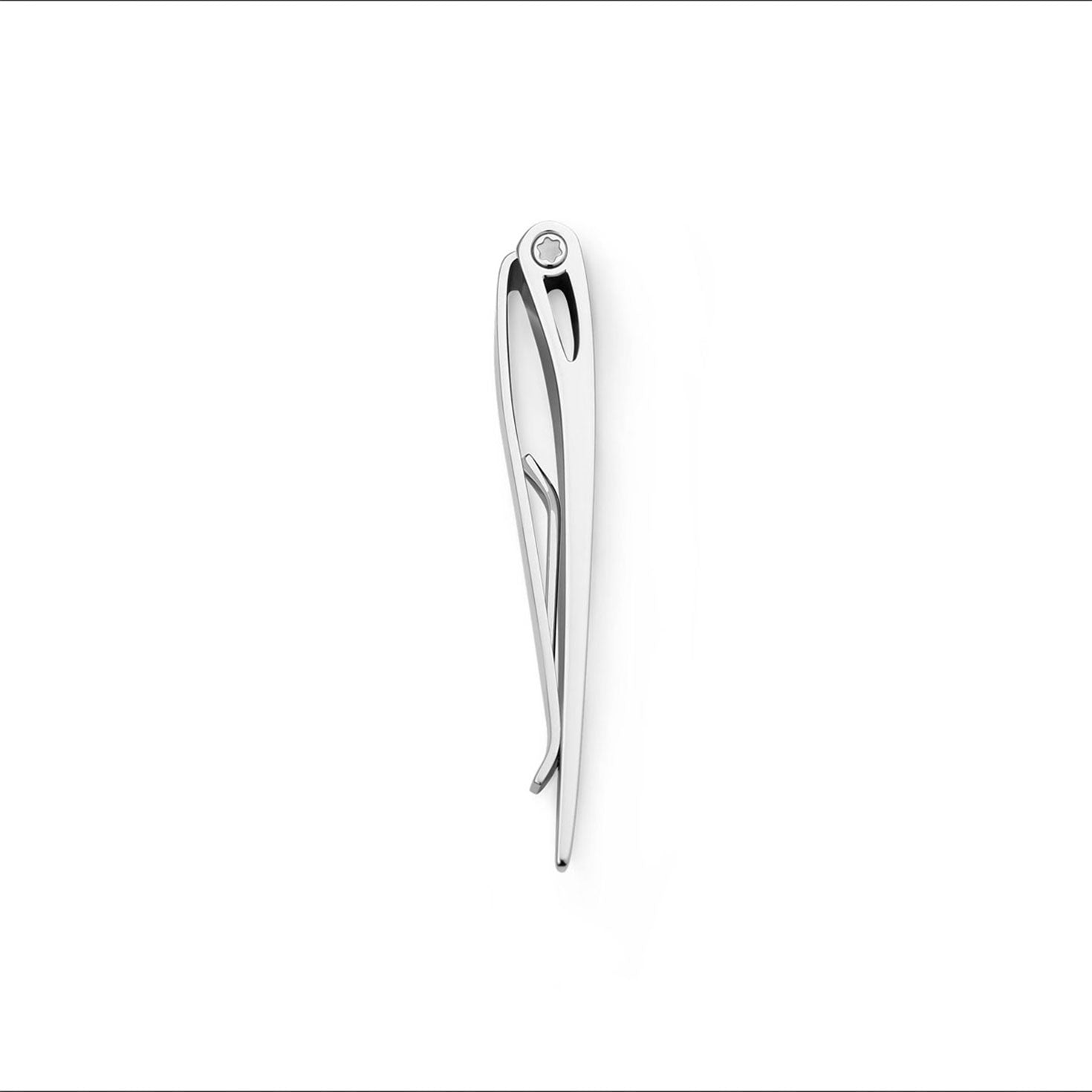 A sleek, silver Montblanc money clip with a minimalist design featuring a small circular embellishment at one end. The clip is placed vertically against a white background, showcasing its subtle elegance.
