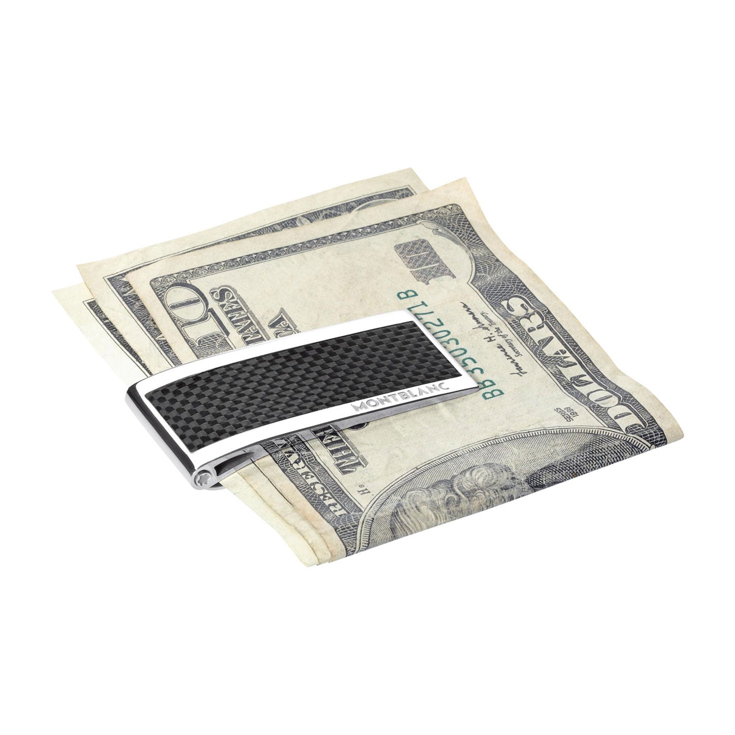 A stylish Montblanc money clip securing several US dollar bills, featuring a metallic design with a textured black finish and a Steel Carbon Inlay, along with the engraved Montblanc brand name on the side.