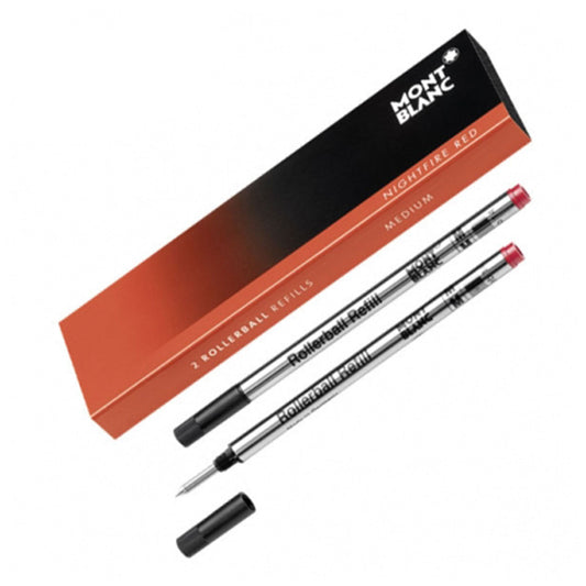 The image features a Montblanc Rollerball Refill Nightfire Red Set of 2, presented in a striking red and black box. The medium rollerball refills have a sleek silver design with distinctive red tips, with one refill showcasing its ink tip without the cap.