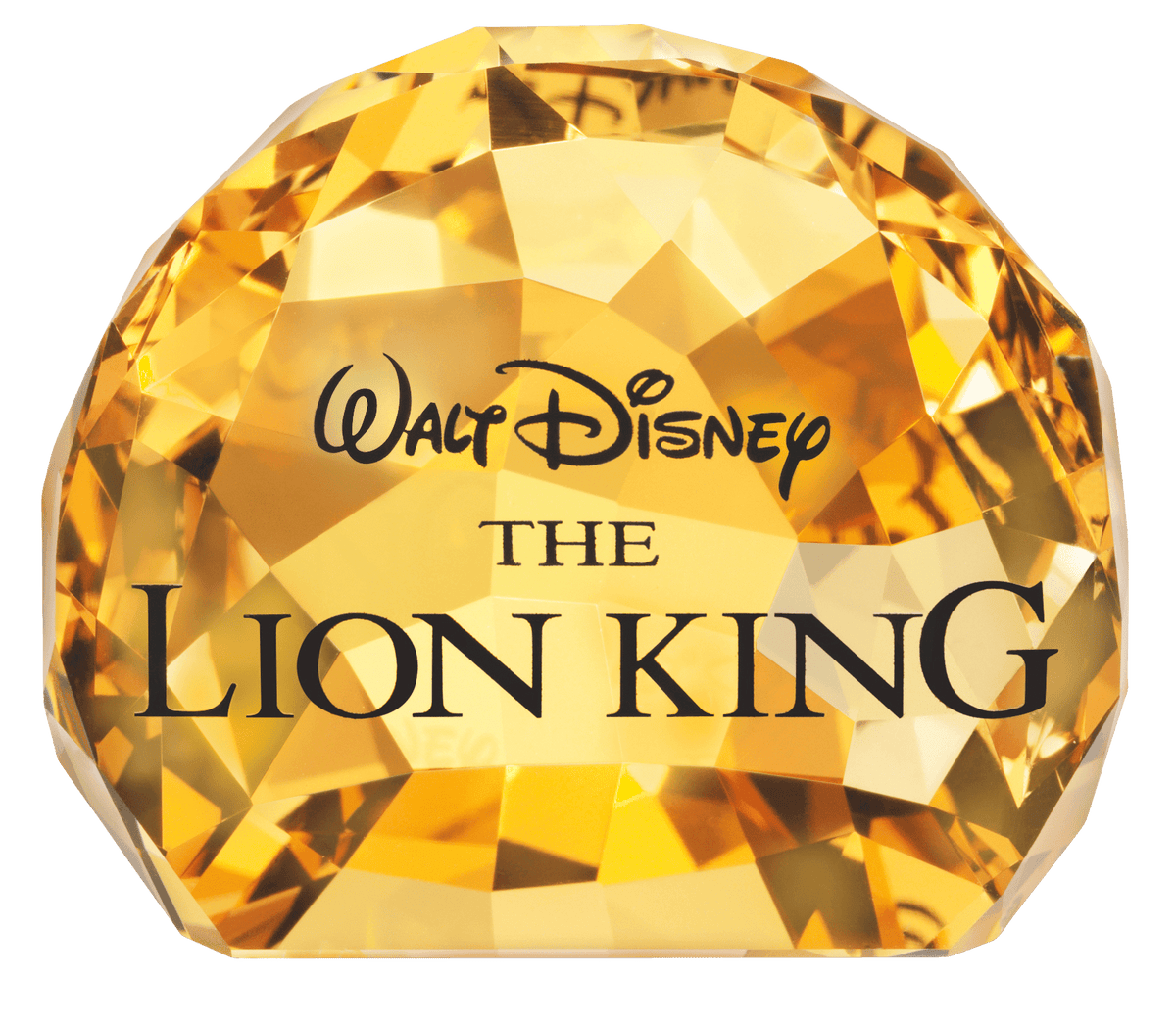 A faceted golden Swarovski Lion King Title Plaque features the Walt Disney logo alongside “The Lion King” text, capturing the magic of Swarovski collectibles from an authorized retailer.