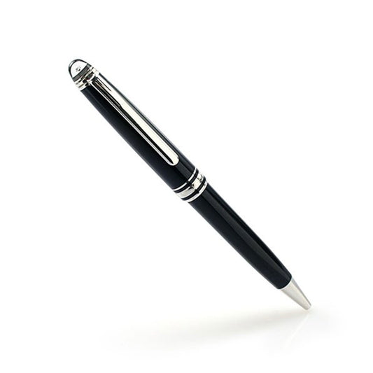 The Montblanc Meisterstück Diamond Classique Ballpoint Pen, distinguished by its elegant black finish with silver accents, including a clip and shiny metallic tip, is placed diagonally against a simple white backdrop.