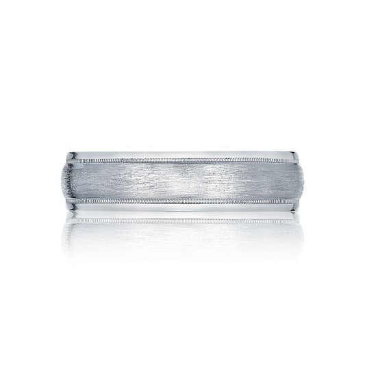 A Tacori Classic Brush Finish wedding band in 18K white gold, showcasing a brushed texture with polished edges and intricate detailing. The distinctive ring is set against a white background, highlighting its reflection beneath.