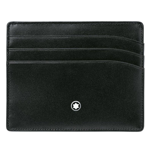 A Montblanc Meisterstück Pocket 6cc leather card holder in black, featuring four slots, crafted from calfskin with a small white star emblem in the center.
