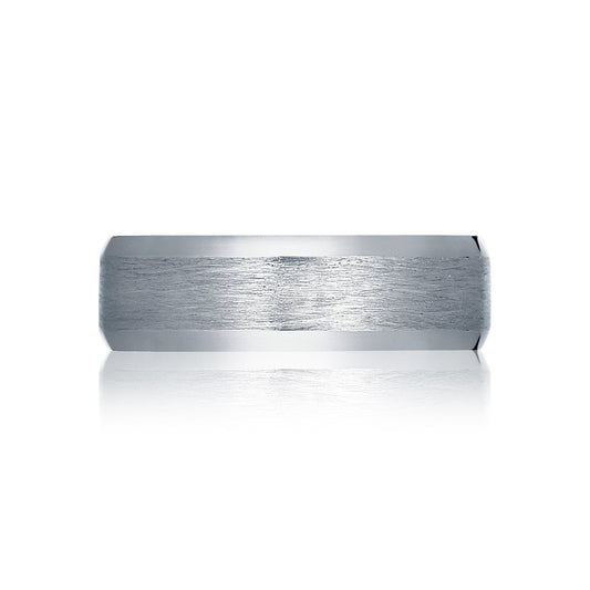 The Tacori Classic Brush Finish 18K White Gold Men's Wedding Band is a simple and expertly crafted piece, featuring a polished finish with a brushed center and beveled edges, set against a white background.