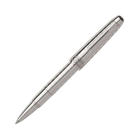 A sleek, silver luxury pen from Montblanc's Meisterstück Solitaire Jewelry Collection is displayed against a white background. The Hommage À W.A. Mozart 118 Rollerball Pen is capped and positioned diagonally, showcasing its platinum-plated accents and textured barrel design for an added touch of elegance.