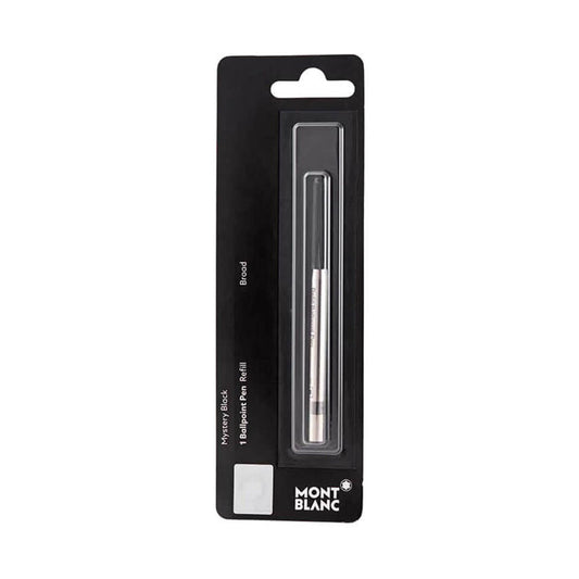 Packaging for a Montblanc Universal Ballpoint Pen Refill, featuring a silver-colored refill encased in a black blister pack with Montblanc branding and product details.