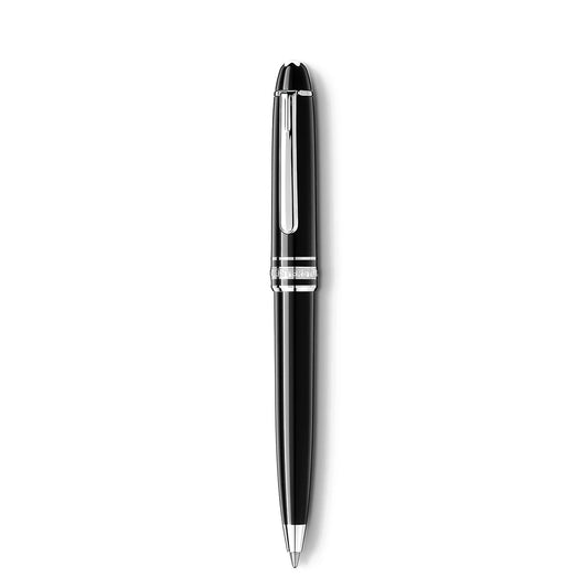 Introducing the Montblanc Meisterstück Platinum Coated Mozart Ballpoint Pen: a sophisticated black writing instrument adorned with silver accents. It features a pointed tip and a convenient clip at the top for attachment, embodying the timeless elegance of Montblanc design with luxurious platinum-coated elements.