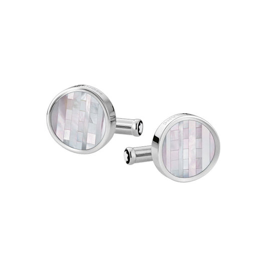 Montblanc's cufflinks, named the Montblanc Stainless Steel with Mother of Pearl Inlay CuffLinks, showcase a round design crafted from stainless steel, featuring an iridescent mother-of-pearl inlay arranged in a striped pattern on a white background.