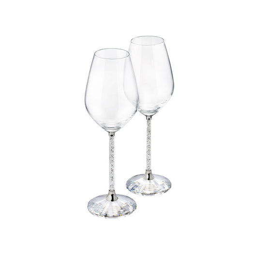 The Swarovski Crystalline Wine Glasses, with their elegant crystal-studded stems, are showcased against a white background. Their faceted bases bring an additional layer of sophistication and sparkle to the design.