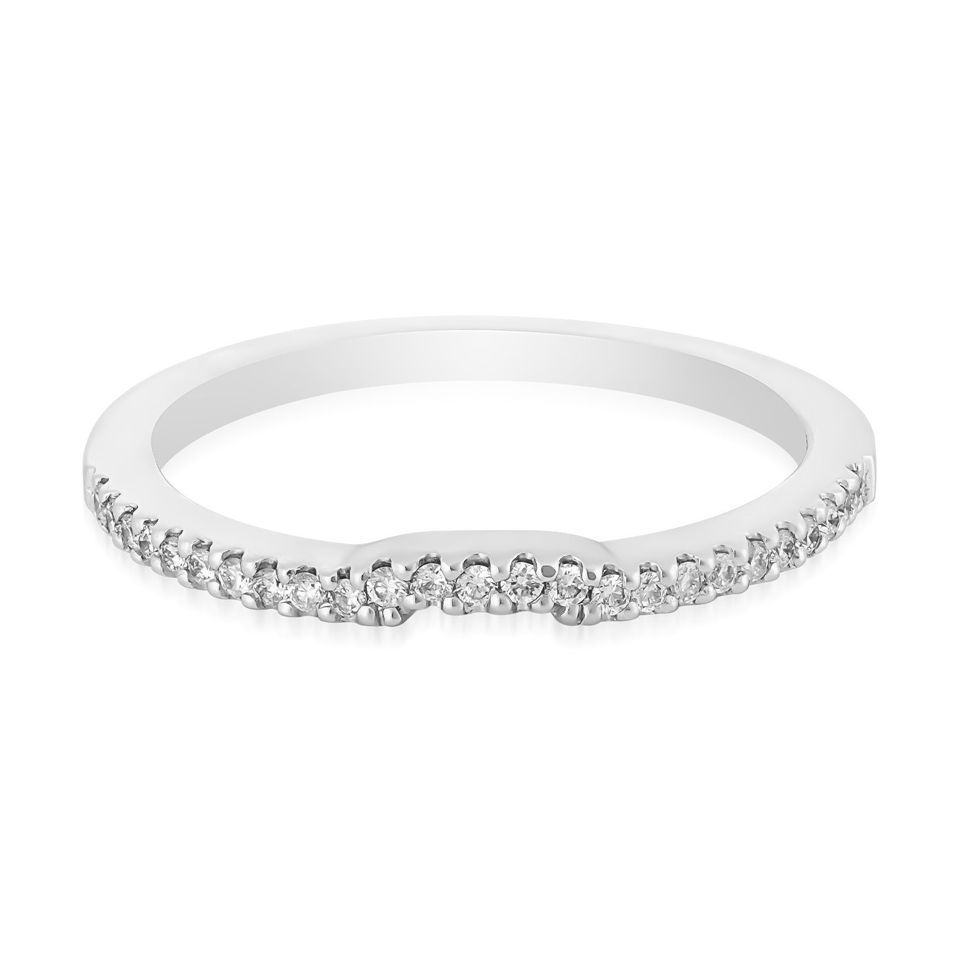 The Raffi&Co.® 14K White Gold Round Brilliant Diamond Anniversary Ring is a delicate piece adorned with small, sparkling round brilliant diamonds set along the top half. It features a slight curve at the center, allowing it to perfectly accommodate an engagement ring. The band boasts a sleek, polished finish, exemplifying the quality craftsmanship of Raffi&Co.