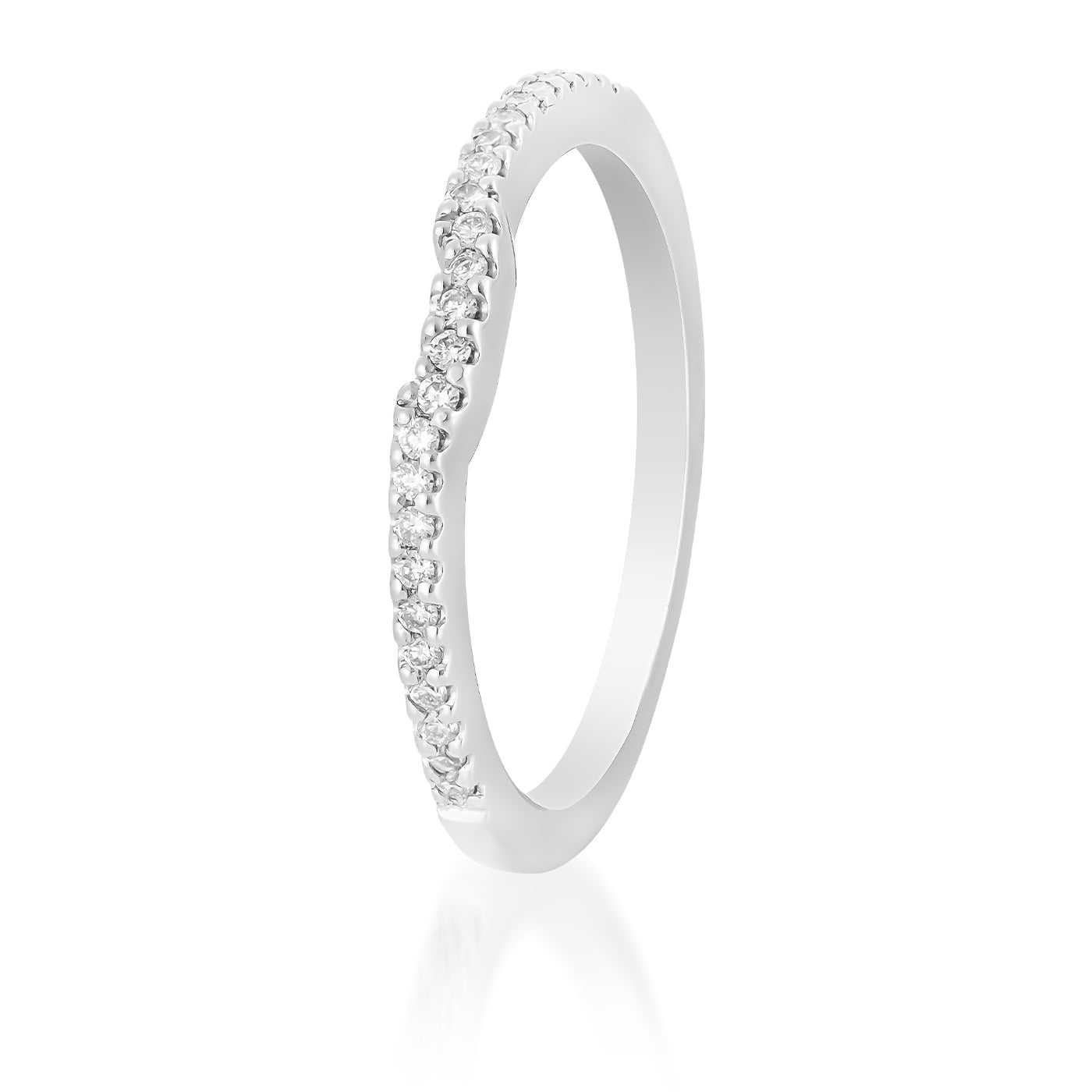 Introducing the Raffi&Co.® 14K White Gold Round Brilliant Diamond Anniversary Ring: a beautifully slim and refined silver ring featuring a row of sparkling white stones set along the top half. Its smooth, shiny 14K white gold band is elegantly complemented by round brilliant diamonds, enhancing its delicate and sophisticated appearance.