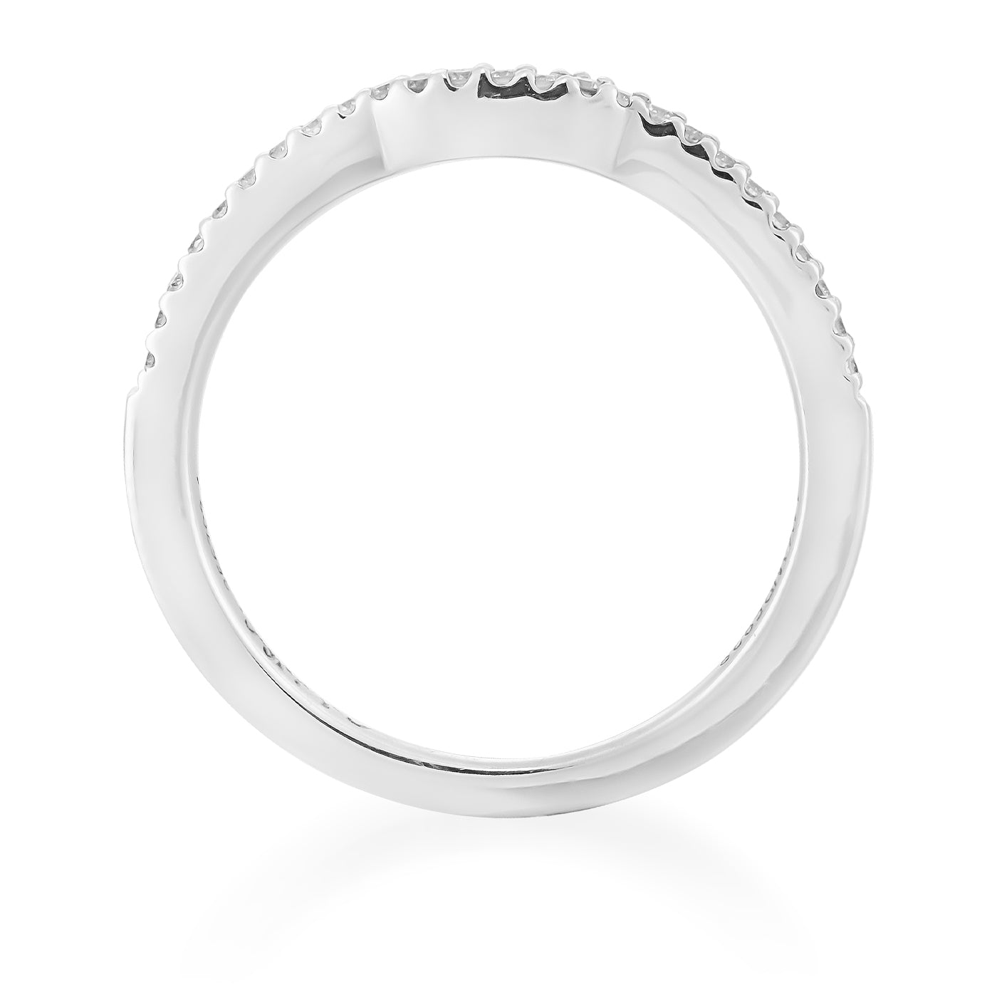 A Raffi&Co.® 14K White Gold Round Brilliant Diamond Anniversary Ring, featuring a smooth finish with a subtly indented pattern along the outer edge, is displayed against a white background. The side view of the ring highlights its sleek and modern design.