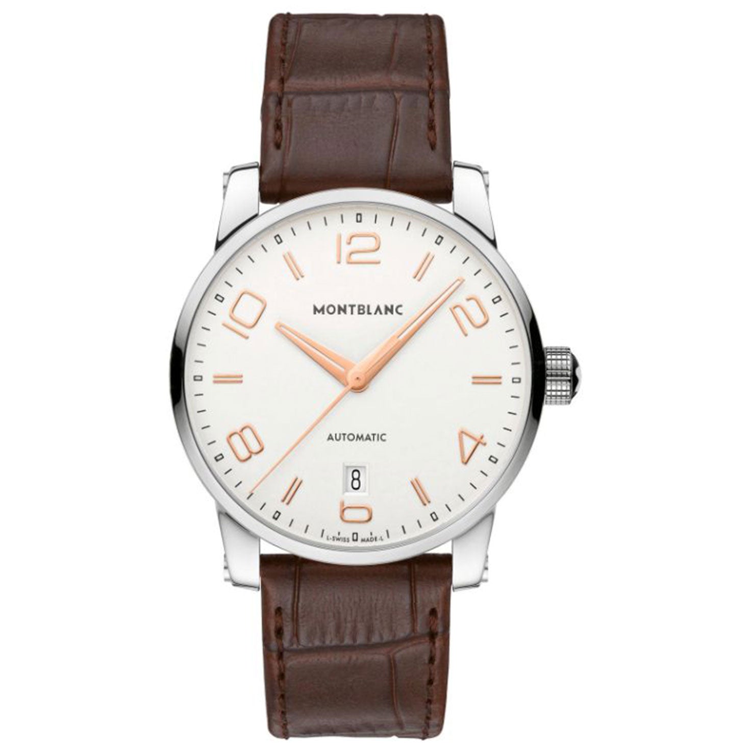 The Montblanc TimeWalker Date Automatic 39mm Watch showcases a white dial and a brown leather strap. Its gold-tone numerals and hands elegantly feature the "Montblanc" and "Automatic" labels, with the date conveniently placed at the 6 o'clock position.