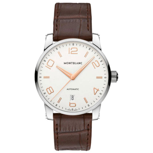The Montblanc TimeWalker Date Automatic 39mm Watch showcases a white dial and a brown leather strap. Its gold-tone numerals and hands elegantly feature the "Montblanc" and "Automatic" labels, with the date conveniently placed at the 6 o'clock position.
