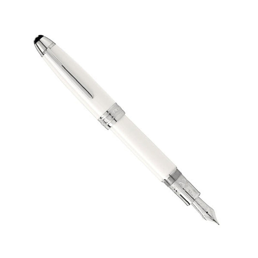 A sleek, handcrafted Montblanc Meisterstück Tribute to the Montblanc fountain pen, featuring silver accents and an exposed nib, angled diagonally against a plain white background, evokes timeless elegance.