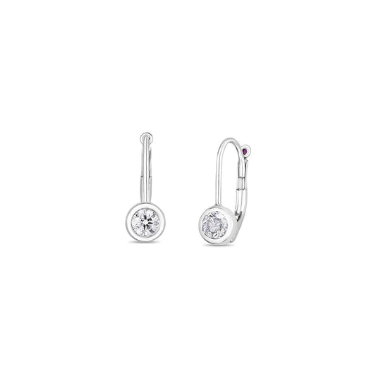 From the Roberto Coin Tiny Treasures Collection, these elegant 18K white gold drop earrings feature round, sparkling diamonds. Each earring boasts a simple hoop design with a diamond encased in delicate metal at the end of a short drop.