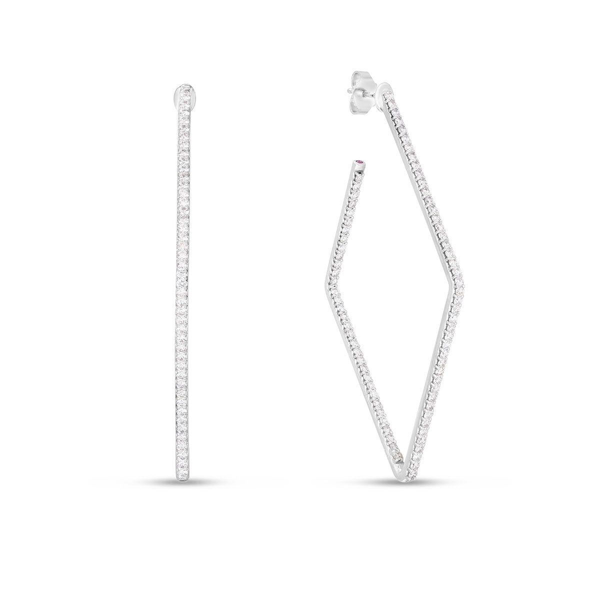 Displayed are two exquisite diamond earrings from Roberto Coin's collection: one features a sleek, vertical line design, while the other showcases a geometric, angled shape. Each is beautifully accented with small, sparkling diamonds set in slender bands of 18K white gold.