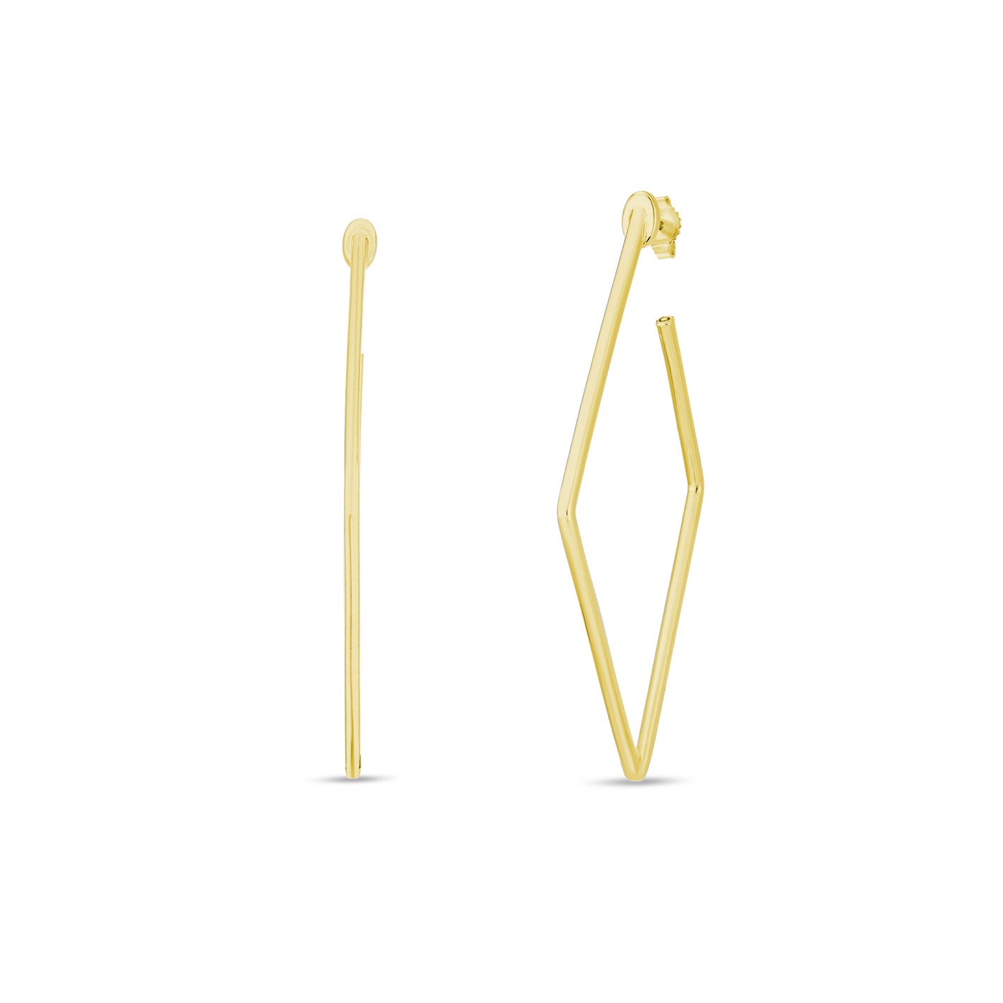 The Roberto Coin 18K Yellow Gold Designer Square Hoop Earrings feature two perspectives: a side view revealing a sleek, straight line, and an angled view emphasizing a geometric, elongated diamond shape. Both angles accentuate the minimalist and elegant design, exquisitely crafted in 18k yellow gold.