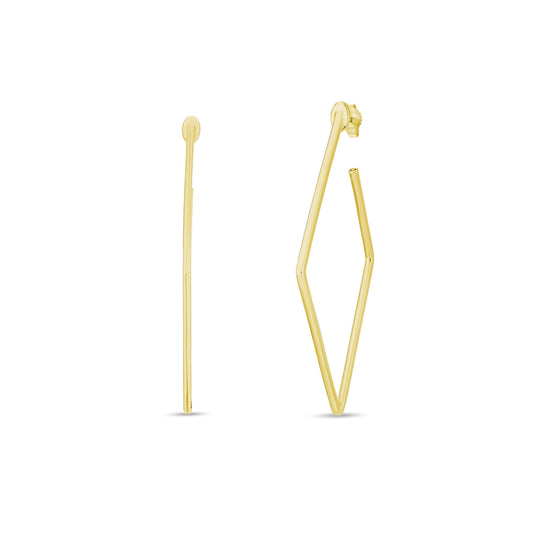 The Roberto Coin 18K Yellow Gold Designer Square Hoop Earrings feature two perspectives: a side view revealing a sleek, straight line, and an angled view emphasizing a geometric, elongated diamond shape. Both angles accentuate the minimalist and elegant design, exquisitely crafted in 18k yellow gold.