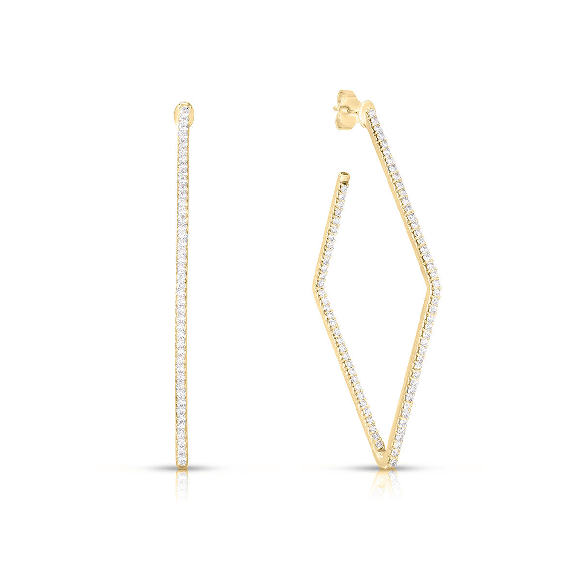 The Roberto Coin Perfect Diamond 18K Yellow Gold Diamond Large Square Hoop Earrings showcase a geometric, rhombus shape with small diamonds adorning the front edges. Captured in front and side views against a white background, these elegant gold earrings embody the exquisite craftsmanship characteristic of Roberto Coin.