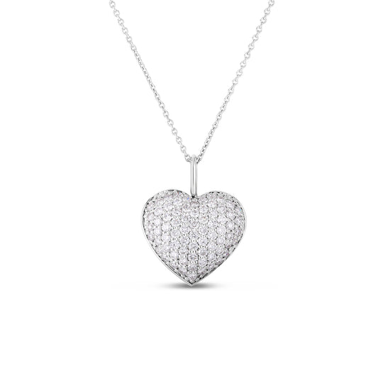 The Roberto Coin Tiny Treasures 18K White Gold Diamond Heart Necklace Pendant glistens with stunning diamonds on a delicate chain, elegantly displayed against a plain white background.