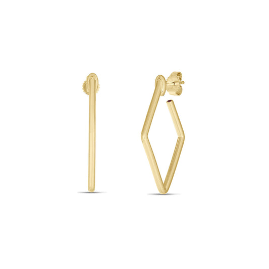 Displayed are a pair of small square hoop earrings by Roberto Coin, expertly crafted in 18K yellow gold. Each earring boasts a unique geometric design and features classic stud backings, all set against a simple white background.