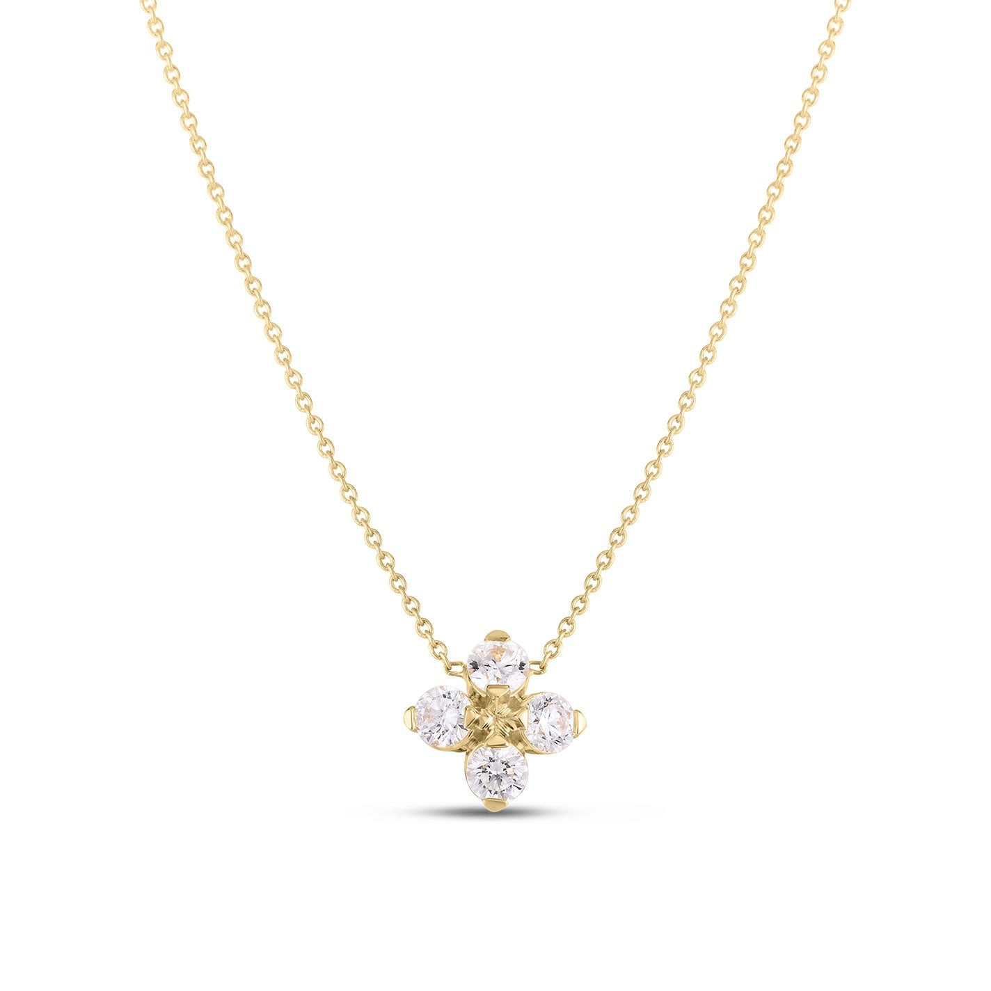 The Roberto Coin Love In Verona 18K Yellow Gold Diamond Necklace Pendant showcases a floral pendant crafted in delicate yellow gold. At its center is a captivating yellow gem surrounded by five round diamonds, each petal shimmering elegantly. The fine, minimalist chain perfectly complements the brand's enchanting design.