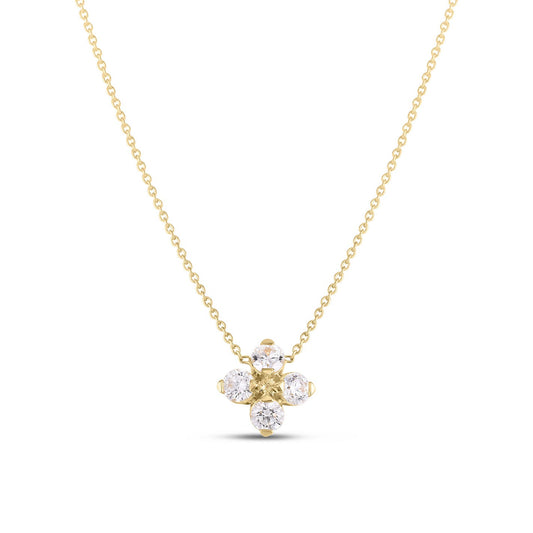 The Roberto Coin Love In Verona 18K Yellow Gold Diamond Necklace Pendant showcases a floral pendant crafted in delicate yellow gold. At its center is a captivating yellow gem surrounded by five round diamonds, each petal shimmering elegantly. The fine, minimalist chain perfectly complements the brand's enchanting design.