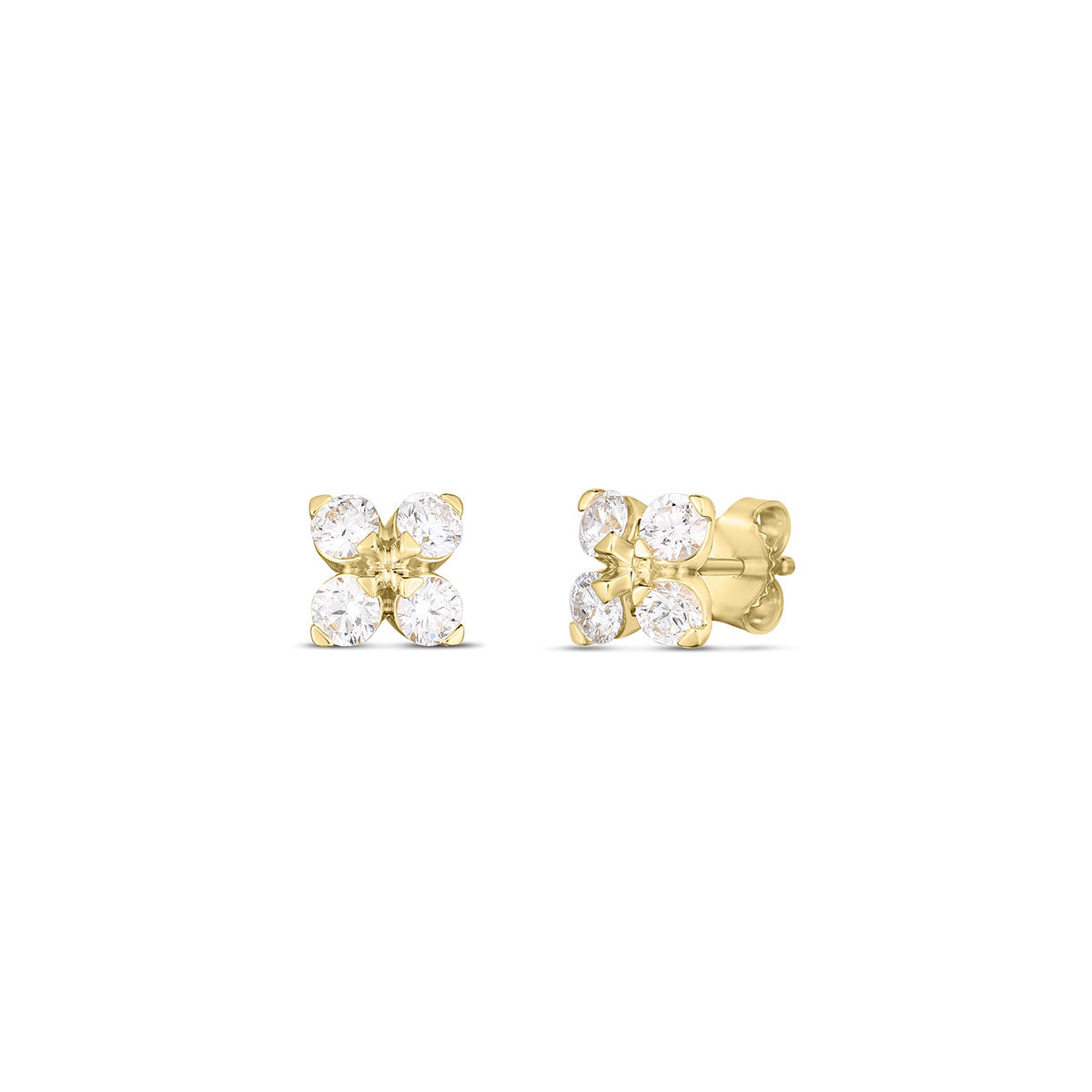 The Roberto Coin Love In Verona 18K Yellow Gold Diamond Stud Earrings by Roberto Coin showcase a floral design with four round, diamond-like stones forming each flower. These elegant earrings are beautifully set against a plain white background.