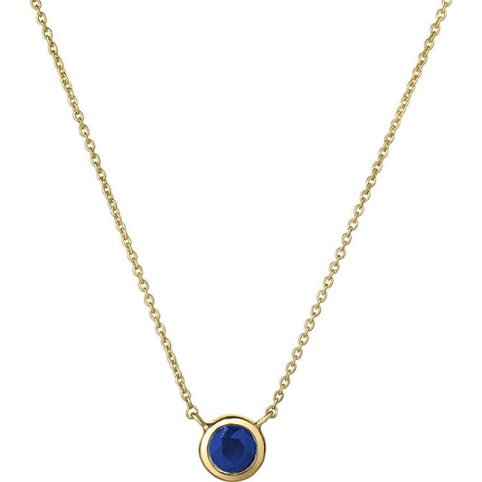 The Roberto Coin Tiny Treasure 18K Yellow Gold Sapphire Bezel Necklace Pendant showcases a round blue sapphire (0.30 CT) set in a simple bezel of 18 karat yellow gold, displayed against a white background.