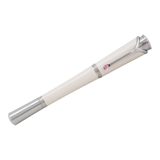 A sleek white Montblanc Muses Princess Grace of Monaco Limited Edition rollerball pen, featuring silver accents and a pink topaz embellishment near the clip, reminiscent of Grace Kelly's timeless elegance.