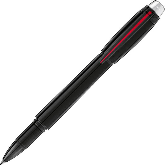 The Montblanc StarWalker Urban Speed Fineliner Pen, made from black precious resin with silver accents and a red stripe along the side, provides a smooth grip and pointed tip, capturing the elegance of a fineliner writing instrument.