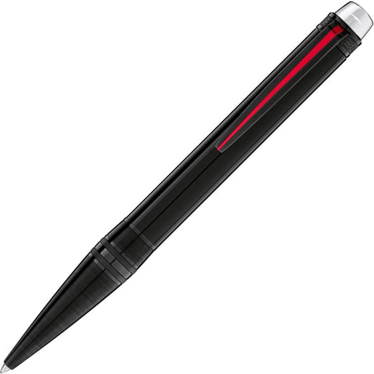 The Montblanc StarWalker Urban Speed Ballpoint Pen, an elegant black precious resin pen featuring a silver tip and a red clip, is angled slightly to the right against a white background, showcasing the sophistication of the Montblanc brand.