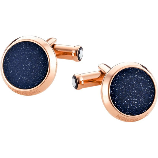 Presenting the Montblanc Meisterstück Cufflinks: a sophisticated pair crafted with circular blue goldstone inlay encased in rose gold-toned metal. These elegant Montblanc accessories feature a minimalist design, subtle branding, and star-like details on the fasteners, ideal for adding a refined touch to any ensemble.
