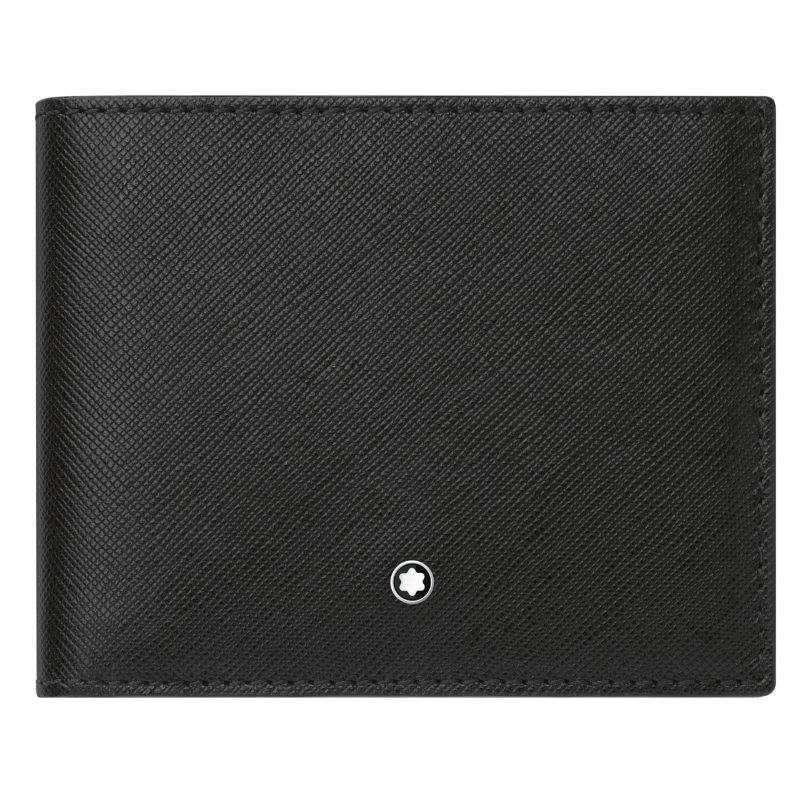 The Montblanc Sartorial Wallet 6cc by Montblanc is a black leather accessory made from Italian full-grain calfskin, highlighted by its textured surface and adorned with a small circular emblem at the bottom center.