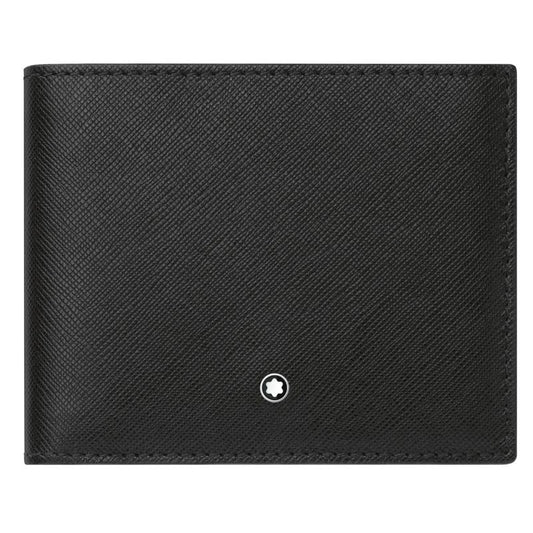 The Montblanc Sartorial Wallet 6cc by Montblanc is a black leather accessory made from Italian full-grain calfskin, highlighted by its textured surface and adorned with a small circular emblem at the bottom center.