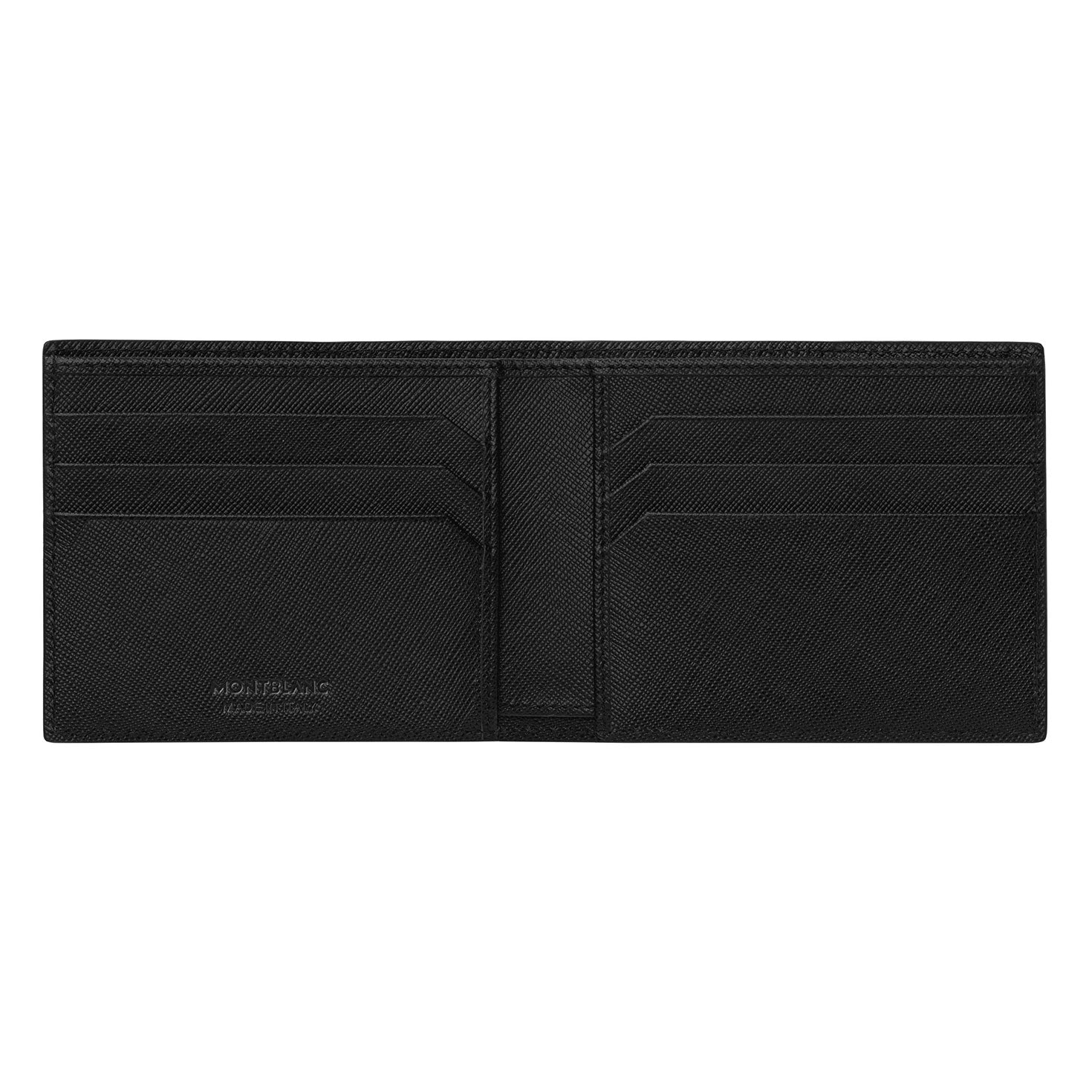 The Montblanc Sartorial Wallet 6cc, crafted from luxurious Italian full-grain calfskin, stylishly opens to reveal multiple card slots on both sides. The interior features a textured finish and a subtle Montblanc emblem in the lower left corner, adding an elegant touch.