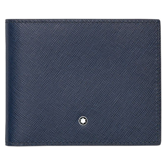 A close-up of the Montblanc Sartorial Wallet 6cc, skillfully crafted from dark blue Italian full-grain leather and adorned with a small circular metal emblem on the front. The sleek design, complete with convenient credit card slots, is elegantly showcased against a plain white background.