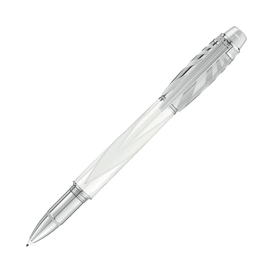 Introducing the Montblanc Starwalker Ceramics Doue White Fineliner Pen by Montblanc: an elegant, high-performance writing instrument with a glossy silver finish. This pen showcases intricate swirling patterns on its barrel and features an aerodynamic metallic clip, beautifully set against a white backdrop.