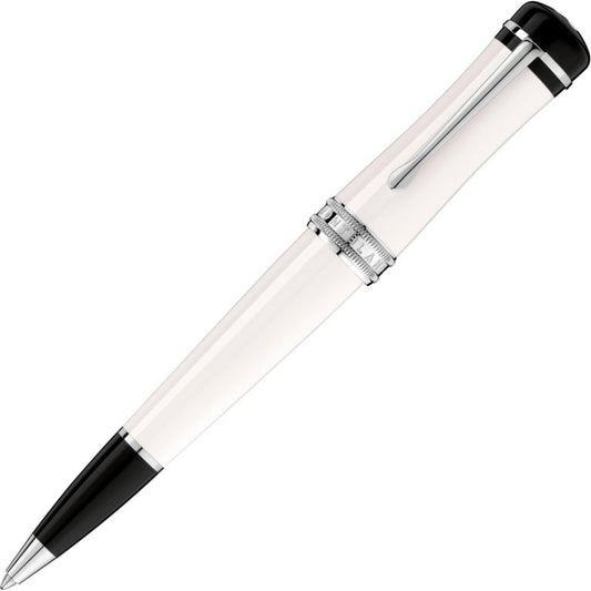 The Montblanc Bonheur Ballpoint Pen, a sophisticated writing instrument, features a sleek, glossy white body complemented by shiny silver accents and a black tip and cap. Crafted from precious resin, it is elegantly oriented diagonally against a white background to highlight its refined design.