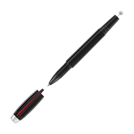 The Montblanc Starwalker Urban Speed 2-in-1 Rollerball Pen with Screenwriter boasts a sophisticated black and gray design accentuated by a striking red stripe. When positioned vertically, its tip points downward with the cap elegantly placed on top. This screenwriter's essential tool is completed by a subtle Montblanc emblem that enhances its refined style.