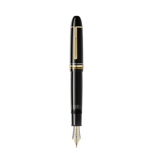 The Montblanc Meisterstuck Gold-Coated 149 Fountain Pen is showcased in an upright position against a white background, featuring gold accents and a visible nib. Made from black resin, this pen embodies elegance and sophistication.