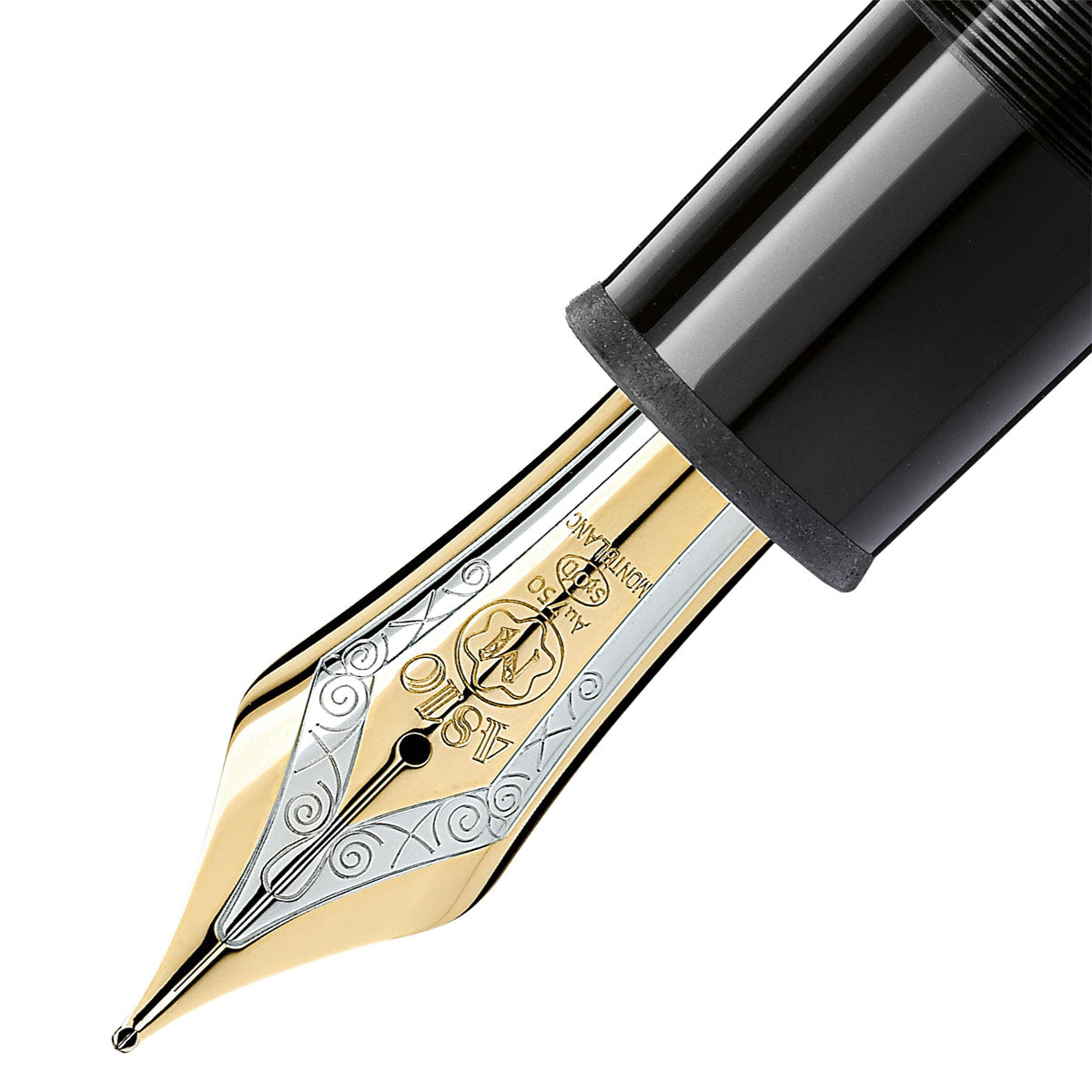 A close-up of the Montblanc Meisterstuck Gold-Coated 149 Fountain Pen nib in gold and silver. The pen's barrel is crafted from black resin, with the nib displaying a star emblem and decorative patterns, highlighting craftsmanship and elegance.