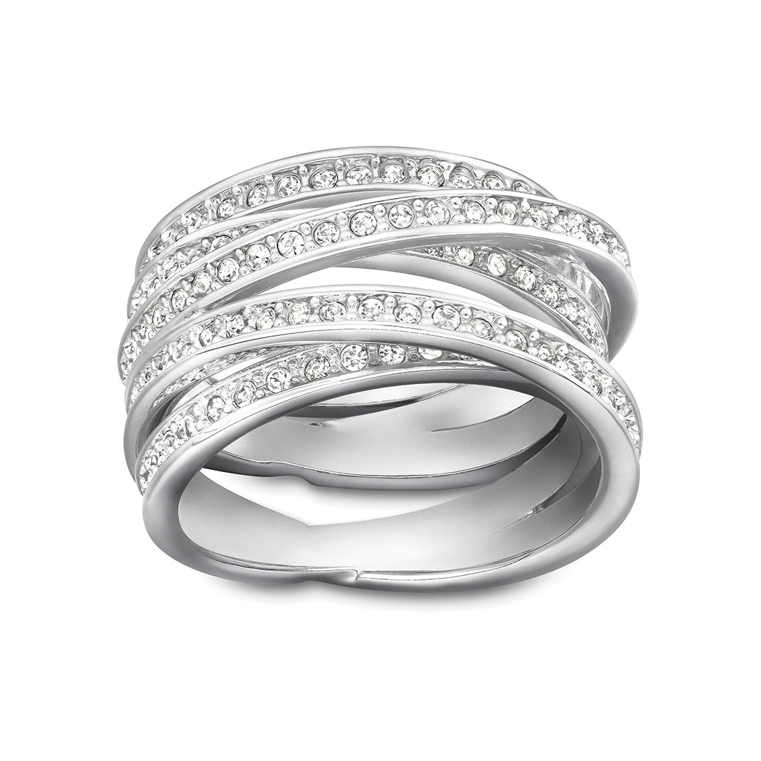 Introducing the Swarovski Spiral Ring, a contemporary silver piece featuring multiple intertwined bands, each adorned with small, round crystals. The overlapping design creates a textured and shimmering effect that captures the intricate sparkle characteristic of a Swarovski creation.