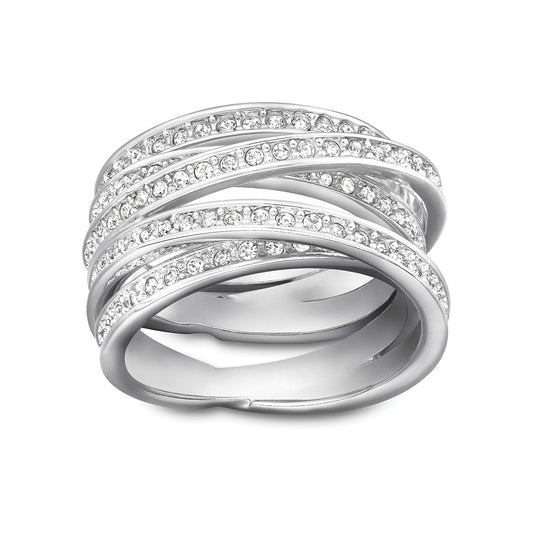 Introducing the Swarovski Spiral Ring, a contemporary silver piece featuring multiple intertwined bands, each adorned with small, round crystals. The overlapping design creates a textured and shimmering effect that captures the intricate sparkle characteristic of a Swarovski creation.