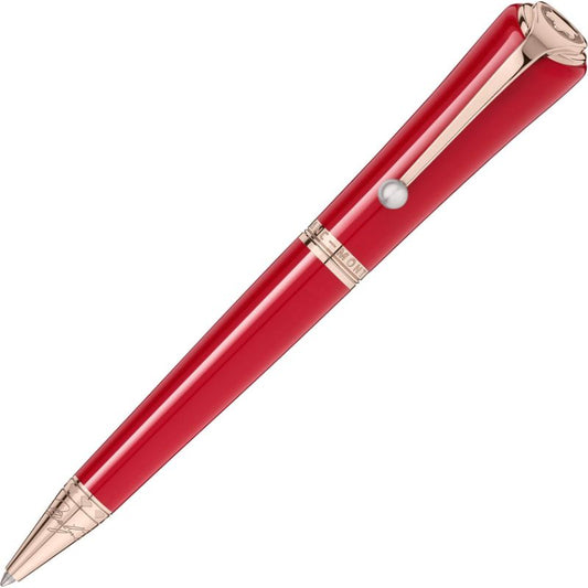 The Montblanc Muses Marilyn Monroe Special Edition Ballpoint Pen is a sleek, modern writing instrument in glossy red with gold accents. It features a pointed tip and a cap adorned with a small emblem, establishing it as a style icon in the world of writing instruments.