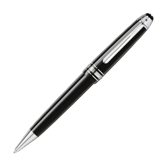 The Montblanc UNICEF Meisterstuck Ballpoint Pen showcases a glossy black and silver finish, featuring a sophisticated design with a silver clip and accents on the cap and tip. Its elegant appearance is beautifully highlighted against a plain white background.