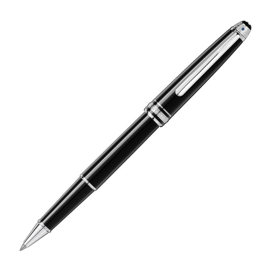 The Montblanc Meisterstück UNICEF Classique Rollerball Pen is a stylish black writing instrument with silver details, inspired by the iconic design. It features a cap with a clip and has a body that subtly narrows towards the tip, showcasing a minimalist and sophisticated aesthetic in support of literacy and education initiatives.