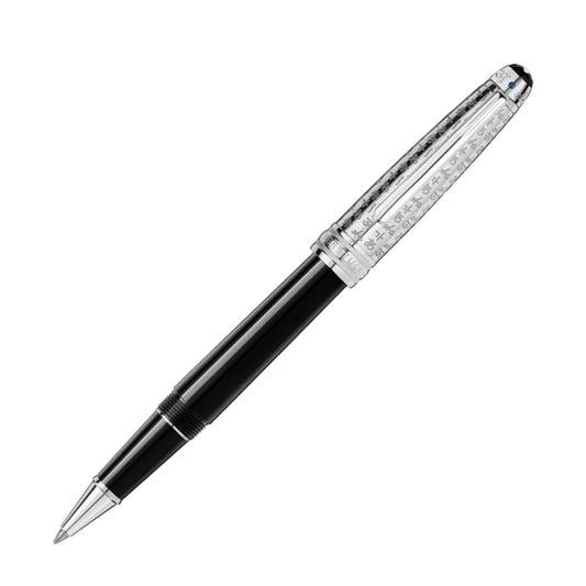 A Montblanc Meisterstück UNICEF Rollerball Pen boasting a sleek black and silver design with a glossy finish. This pen features intricate engravings on the silver cap, lending it an elegant and sophisticated appearance.