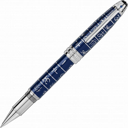 A premium Montblanc Meisterstück UNICEF Solitaire Le Grand Rollerball Pen features a dark blue barrel adorned with silver zodiac symbols and accents. Its elegant design and polished metallic clip are beautifully showcased at an angle against a white background.